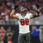 Oct 3, 2024; Atlanta, Georgia, USA; Tampa Bay Buccaneers linebacker Anthony Nelson (98) celebrates after a sack against the Atlanta Falcons in the third quarter at Mercedes-Benz Stadium. Mandatory Credit: Brett Davis-Imagn Images