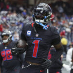 Oct 6, 2024; Houston, Texas, USA; Houston Texans wide receiver Stefon Diggs (1) warms up before the game against the Buffalo Bills at NRG Stadium. Mandatory Credit: Troy Taormina-Imagn Images