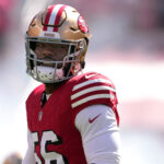 Oct 6, 2024; Santa Clara, California, USA; San Francisco 49ers defensive end Leonard Floyd (56) before the game against the Arizona Cardinals at Levi's Stadium. Mandatory Credit: Darren Yamashita-Imagn Images