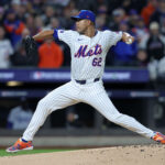 Oct 17, 2024; New York City, New York, USA; New York Mets pitcher Jose Quintana (62) throws a pitch against the Los Angeles Dodgers in the first inning during game four of the NLCS for the 2024 MLB playoffs at Citi Field. Mandatory Credit: Brad Penner-Imagn Images