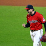 Oct 19, 2024; Cleveland, Ohio, USA; Cleveland Guardians pitcher Tanner Bibee (28) celebrates after a double play during the sixth inning against the New York Yankees during game five of the ALCS for the 2024 MLB playoffs at Progressive Field. Mandatory Credit: David Richard-Imagn Images