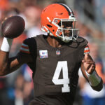 Oct 20, 2024; Cleveland, Ohio, USA; Cleveland Browns quarterback Deshaun Watson (4) throws a pass during the first quarter against the Cincinnati Bengals at Huntington Bank Field.