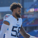 Oct 20, 2024; Orchard Park, New York, USA; Tennessee Titans linebacker Harold Landry III (58) prior to the game at Highmark Stadium.