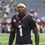 Oct 27, 2024; Houston, Texas, USA; Houston Texans wide receiver Stefon Diggs (1) walks towards the sideline before the game against the Indianapolis Colts at NRG Stadium.
