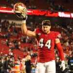 Oct 27, 2024; Santa Clara, California, USA; San Francisco 49ers fullback Kyle Juszczyk (44) raises his helmet as he leaves the field after the game against the Dallas Cowboys at Levi's Stadium. Mandatory Credit: Kelley L Cox-Imagn Images
