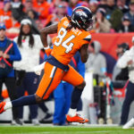 Nov 17, 2024; Denver, Colorado, USA; Denver Broncos wide receiver Lil'Jordan Humphrey (84) runs for a touchdown in the second half against the Atlanta Falcons at Empower Field at Mile High. Mandatory Credit: Ron Chenoy-Imagn Images
