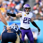 Nov 17, 2024; Nashville, Tennessee, USA; Minnesota Vikings safety Harrison Smith (22) directs the defense against the Tennessee Titans during the first half at Nissan Stadium. Mandatory Credit: Steve Roberts-Imagn Images