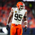 Dec 2, 2024; Denver, Colorado, USA; Cleveland Browns defensive end Myles Garrett (95) during the third quarter against the Denver Broncos at Empower Field at Mile High. Mandatory Credit: Ron Chenoy-Imagn Images