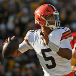 Dec 8, 2024; Pittsburgh, Pennsylvania, USA; Cleveland Browns quarterback Jameis Winston (5) throws a pass against the Pittsburgh Steelers during the second quarter at Acrisure Stadium. Mandatory Credit: Barry Reeger-Imagn Images