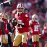 Dec 8, 2024; Santa Clara, California, USA; San Francisco 49ers quarterback Brandon Allen (17) prepares to throw a pass during warmups against the Chicago Bears at Levi's Stadium. Mandatory Credit: Cary Edmondson-Imagn Images