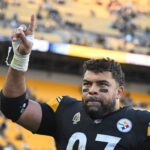Dec 8, 2024; Pittsburgh, Pennsylvania, USA; Pittsburgh Steelers defensive tackle Cameron Heyward (97) celebrates with fans following a game against the Cleveland Browns at Acrisure Stadium. Mandatory Credit: Barry Reeger-Imagn Images