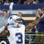 Dec 9, 2024; Arlington, Texas, USA; Dallas Cowboys wide receiver Brandin Cooks (3) reacts after scoring a touchdown during the second half against the Cincinnati Bengals at AT&T Stadium. Mandatory Credit: Kevin Jairaj-Imagn Images