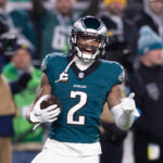 Dec 15, 2024; Philadelphia, Pennsylvania, USA; Philadelphia Eagles cornerback Darius Slay Jr. (2) reacts after his fumble recovery against the Pittsburgh Steelers during the third quarter at Lincoln Financial Field. Mandatory Credit: Bill Streicher-Imagn Images