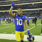 Dec 28, 2024; Inglewood, California, USA; Los Angeles Rams wide receiver Cooper Kupp (10) waves to fans as he leaves the field after defeating the Arizona Cardinals at SoFi Stadium.