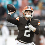 Dec 29, 2024; Cleveland, Ohio, USA; Cleveland Browns quarterback Bailey Zappe (2) throws the ball during warm ups before the game against the Miami Dolphins at Huntington Bank Field. Mandatory Credit: Scott Galvin-Imagn Images