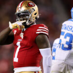 Dec 30, 2024; Santa Clara, California, USA; San Francisco 49ers wide receiver Deebo Samuel Sr. (1) celebrates after a play during the first quarter against the Detroit Lions at Levi's Stadium.