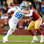 Detroit Lions defensive end Za'Darius Smith (99) pressures San Francisco 49ers offensive tackle Austen Pleasants (62) during the second half at Levi's Stadium in Santa Clara, Calif. on Monday, Dec. 30, 2024. Za'Darius Smith