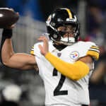 Jan 11, 2025; Baltimore, Maryland, USA; Pittsburgh Steelers quarterback Justin Fields (2) warms up before an AFC wild card game against the Baltimore Ravens at M&T Bank Stadium. Mandatory Credit: Tommy Gilligan-Imagn Images