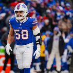 Buffalo Bills linebacker Matt Milano (58) smiles after making a tackle during the second half of the Buffalo Bills wild card game against the Denver Broncos at Highmark Stadium in Orchard Park on Jan. 12, 2025.