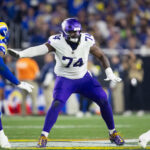 Jan 13, 2025; Glendale, AZ, USA; Minnesota Vikings tackle Cam Robinson (74) against the Los Angeles Rams during an NFC wild card game at State Farm Stadium. Mandatory Credit: Mark J. Rebilas-Imagn Images