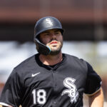 Mar 14, 2024; Phoenix, Arizona, USA; Chicago White Sox first baseman Mike Moustakas against the Los Angeles Angels during a spring training baseball game at Camelback Ranch-Glendale. Mandatory Credit: Mark J. Rebilas-USA TODAY Sports