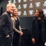 NFL: Las Vegas Raiders-Press Conference. Jan 27, 2025; Las Vegas, NV, USA; Las Vegas Raiders coach Pete Carroll (left) with wife Glena Goranson (center) and Raiders president Sandra Douglass Morgan at press conference at Intermountain Health Performance Center. Mandatory Credit: Kirby Lee-Imagn Images