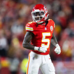 Jan 26, 2025; Kansas City, MO, USA; Kansas City Chiefs wide receiver Hollywood Brown (5) against the Buffalo Bills in the AFC Championship game at GEHA Field at Arrowhead Stadium. Mandatory Credit: Mark J. Rebilas-Imagn Images Marquise Hollywood Brown