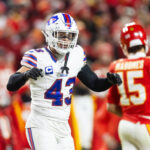 Jan 26, 2025; Kansas City, MO, USA; Buffalo Bills linebacker Terrel Bernard (43) against the Kansas City Chiefs during the AFC Championship game at GEHA Field at Arrowhead Stadium. Mandatory Credit: Mark J. Rebilas-Imagn Images