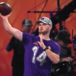 Jan 30, 2025; Orlando, FL, USA; NFC quarterback Sam Darnold (14) throws the ball in the Passing the Test event during the Pro Bowl Skills Challenge at Nicholson Fieldhouse. Mandatory Credit: Kirby Lee-Imagn Images