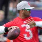Feb 1, 2025; Orlando, FL, USA; Pittsburgh Steelers quarterback Russell Wilson (3) throws the ball during AFC Practice for the Pro Bowl Games at Camping World Stadium.
