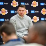 Feb 4, 2025; El Segundo, CA, USA; Los Angeles Lakers guard Luka Doncic is introduced at UCLA Health Training Center.
