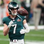 Feb 9, 2025; New Orleans, LA, USA; Philadelphia Eagles quarterback Kenny Pickett (7) practices before Super Bowl LIX against the Kansas City Chiefs at Caesars Superdome.