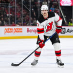 Feb 8, 2025; Montreal, Quebec, CAN; New Jersey Devils defenseman Dougie Hamilton tracks the play against the Montreal Canadiens during the third period at Bell Centre. Mandatory Credit: David Kirouac-Imagn Images