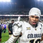 NFL Draft 2025 - Colorado football standout athlete Travis Hunter flashes a No. 1 with his finger after a win against CSU in the Rocky Mountain Showdown at Canvas Stadium on Saturday, Sept. 14, 2024, in Fort Collins, Colo.