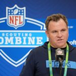 Feb 25, 2025; Indianapolis, IN, USA; Tennessee Titans general manager Mike Borgonzi speaks during the NFL Scouting Combine at the Indiana Convention Center.