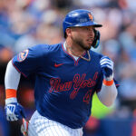 Feb 27, 2025; Port St. Lucie, Florida, USA; New York Mets catcher Francisco Alvarez (4) runs to first base after hitting a single against the Houston Astros during the first inning at Clover Park. Mandatory Credit: Sam Navarro-Imagn Images