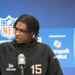 NFL Draft 2025 - Feb 28, 2025; Indianapolis, IN, USA;Miami quarterback Cam Ward (QB15) talks to the press during the 2025 NFL Combine at Indiana Convention Center. Mandatory Credit: Stephanie Amador Blondet-Imagn Images