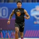 Mar 1, 2025; Indianapolis, IN, USA; Texas wideout Matthew Golden (WO16) during the 2025 NFL Combine at Lucas Oil Stadium.