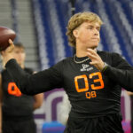 Mar 1, 2025; Indianapolis, IN, USA; Mississippi quarterback Jaxson Dart (QB03) during the 2025 NFL Combine at Lucas Oil Stadium.