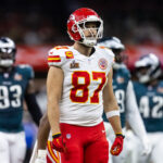 Feb 9, 2025; New Orleans, LA, USA; Kansas City Chiefs tight end Travis Kelce (87) against the Philadelphia Eagles in Super Bowl LIX at Ceasars Superdome. Mandatory Credit: Mark J. Rebilas-Imagn Images