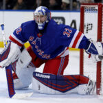 Mar 2, 2025; New York, New York, USA; New York Rangers goaltender Jonathan Quick (32) tends net against the Nashville Predators during the third period at Madison Square Garden. Mandatory Credit: Brad Penner-Imagn Images