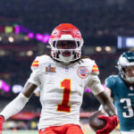 Feb 9, 2025; New Orleans, LA, USA; Kansas City Chiefs wide receiver Xavier Worthy (1) against the Philadelphia Eagles in Super Bowl LIX at Ceasars Superdome. Mandatory Credit: Mark J. Rebilas-Imagn Images