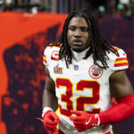 Feb 9, 2025; New Orleans, LA, USA; Kansas City Chiefs linebacker Nick Bolton (32) against the Philadelphia Eagles in Super Bowl LIX at Ceasars Superdome. Mandatory Credit: Mark J. Rebilas-Imagn Images