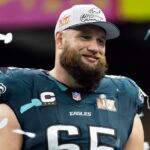 Feb 9, 2025; New Orleans, LA, USA; Philadelphia Eagles offensive tackle Lane Johnson (65) celebrates after defeating the Kansas City Chiefs during Super Bowl LIX at Ceasars Superdome.