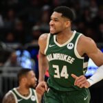 Mar 5, 2025; Milwaukee, Wisconsin, USA; Milwaukee Bucks forward Giannis Antetokounmpo (34) reacts in the third quarter against the Dallas Mavericks at Fiserv Forum.