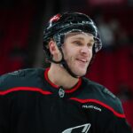 Mar 6, 2025; Raleigh, North Carolina, USA; Carolina Hurricanes right wing Mikko Rantanen (96) looks on during the warmups before the game against the Boston Bruins at Lenovo Center. Mandatory Credit: James Guillory-Imagn Images