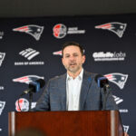 Mar 13, 2025; Foxborough, MA, USA; New England Patriots executive vice president of player personnel Eliot Wolf discusses the teams recent free agent additions with the media at Gillette Stadium. Mandatory Credit: Eric Canha-Imagn Images