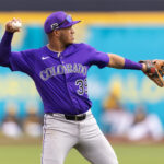 Mar 5, 2025; Peoria, Arizona, USA; Colorado Rockies infielder Thairo Estrada against the San Diego Padres during a spring training game at Peoria Sports Complex. Mandatory Credit: Mark J. Rebilas-Imagn Images