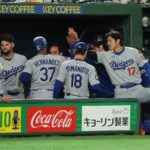 Mar 18, 2025; Bunkyo, Tokyo, JPN; Los Angeles Dodgers designated hitter Shohei Ohtani (17) celebrates with outfielder Teoscar Hernández (37) (left) after scoring a run in the fifth inning against the Chicago Cubs during the Tokyo Series at Tokyo Dome. Mandatory Credit: Darren Yamashita-Imagn Images