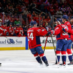 Mar 18, 2025; Washington, District of Columbia, USA; Washington Capitals center Dylan Strome (17) celebrates after scoring a goal during the first period against the Detroit Red Wings at Capital One Arena. Mandatory Credit: Peter Casey-Imagn Images